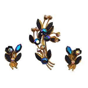 Austrian Black Enamel AB Rhinestone Brooch & Clip Earrings Gold Tone Floral Pin